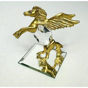 Vintage 1990s Rearing Pegasus Crystal Figurine Gold Tone Metal Mirror Base 3”